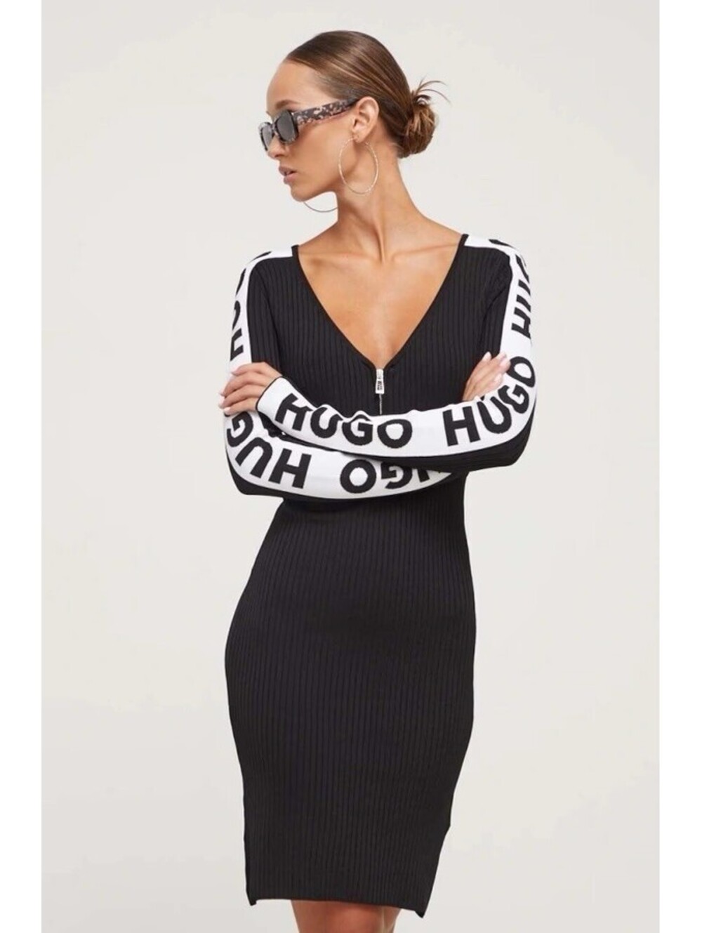 Hugo Boss Shalany Black Knitted Dress Large Logo Sleeves